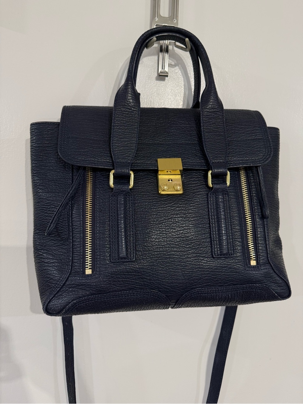 Phillip Lim Medium Pashli Navy Blue Leather Satchel with Gold Hardware